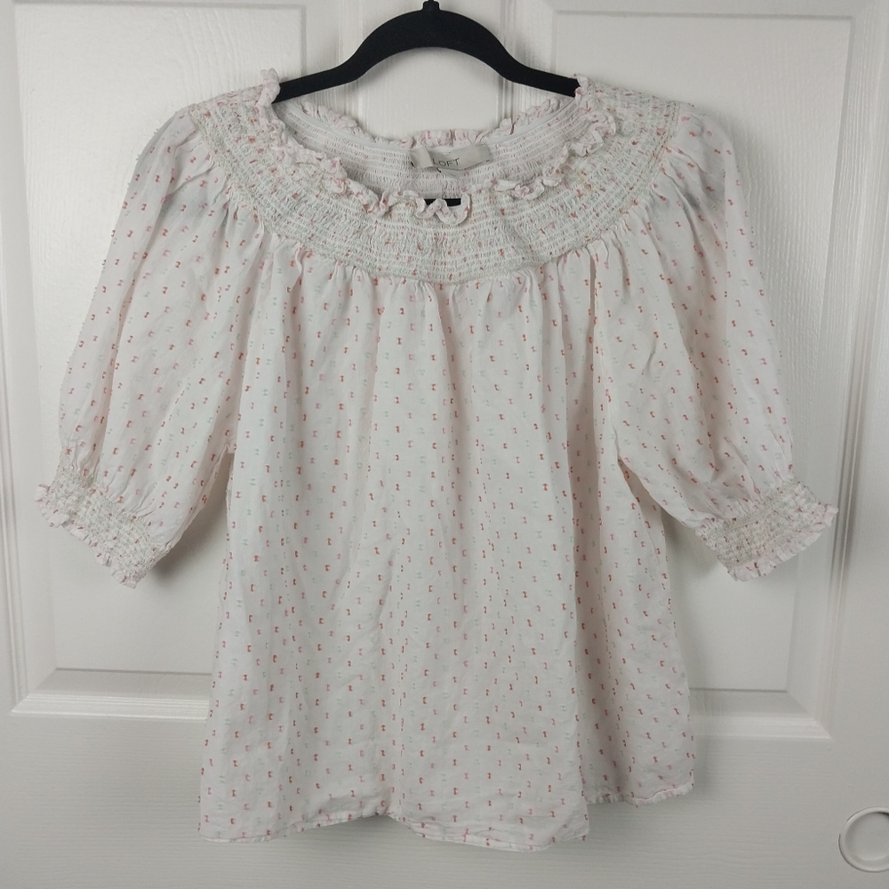 Loft Women's M White Embroidered Ruffle Cotton Long Puff Sleeved Tee Shirt